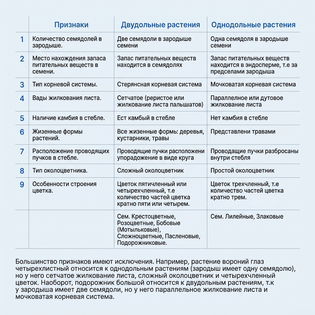 Характеристика однодольных и двудольных растений